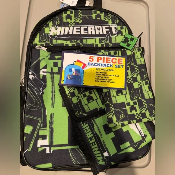 NWT‎ Bioworld Boys Minecraft Backpack Set Creeper with Lunchbox & Accessories - Picture 5 of 5